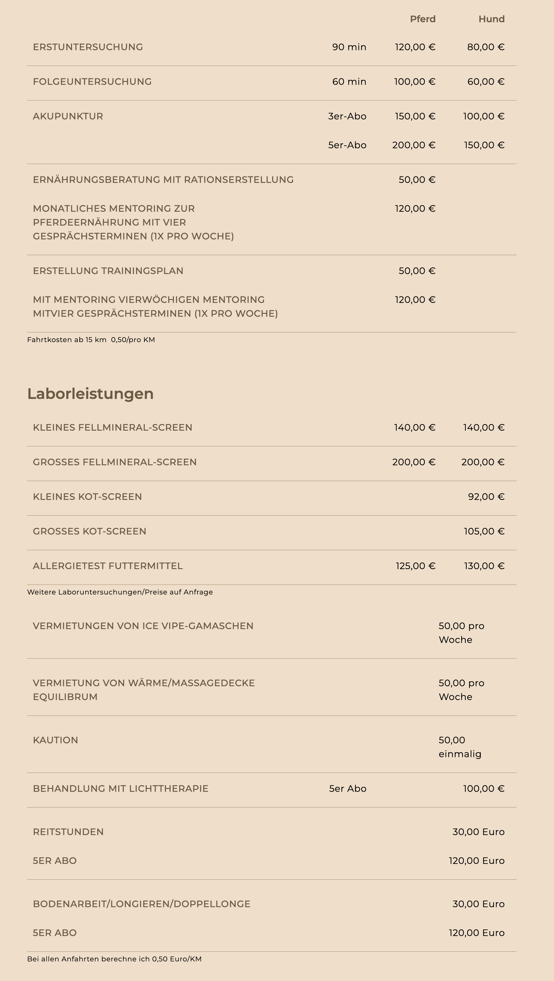 Mobile Tierarztpraxis - Elisabeth Gerhards Preisliste