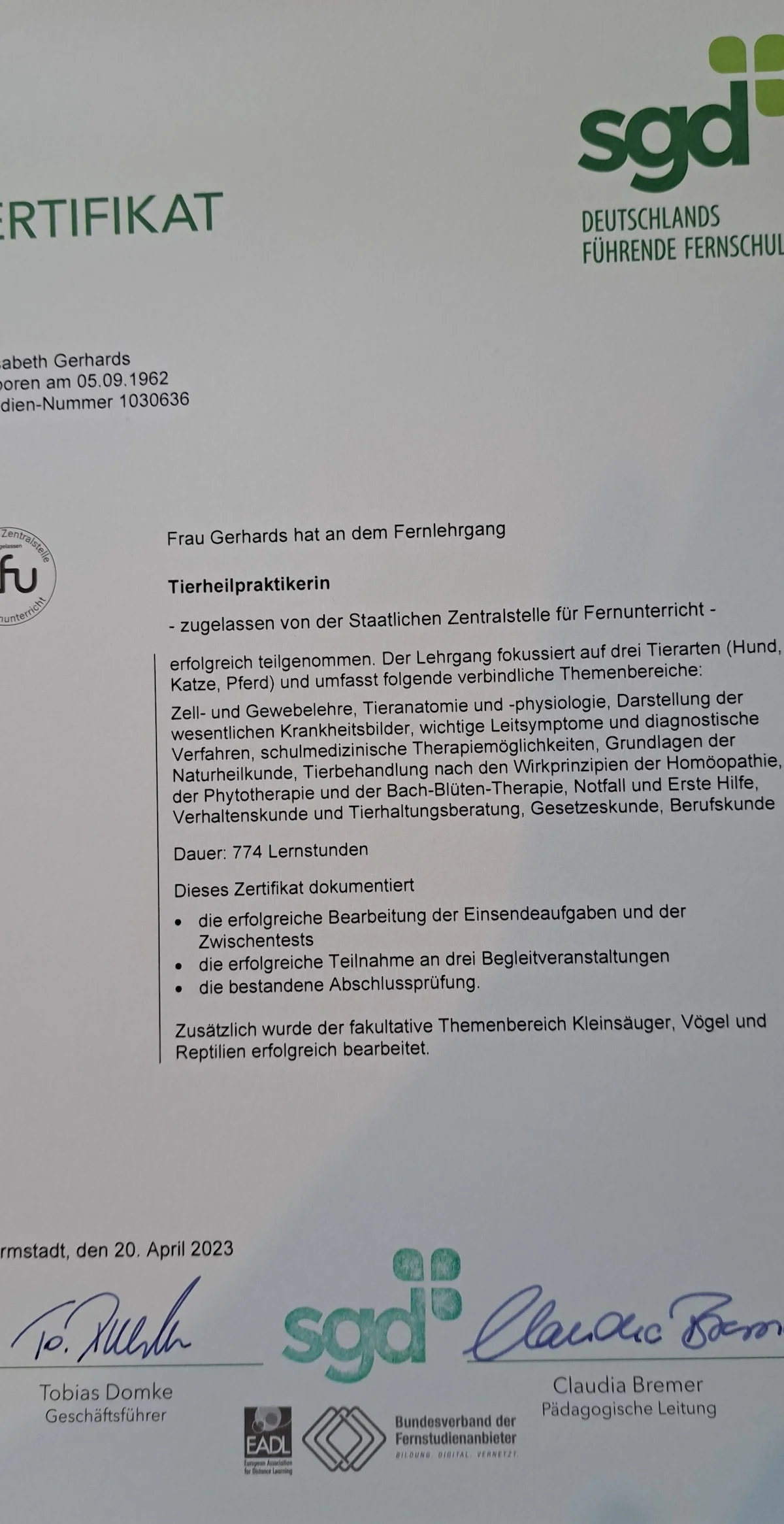Mobile Tierarztpraxis - Elisabeth Gerhards Zertifikat