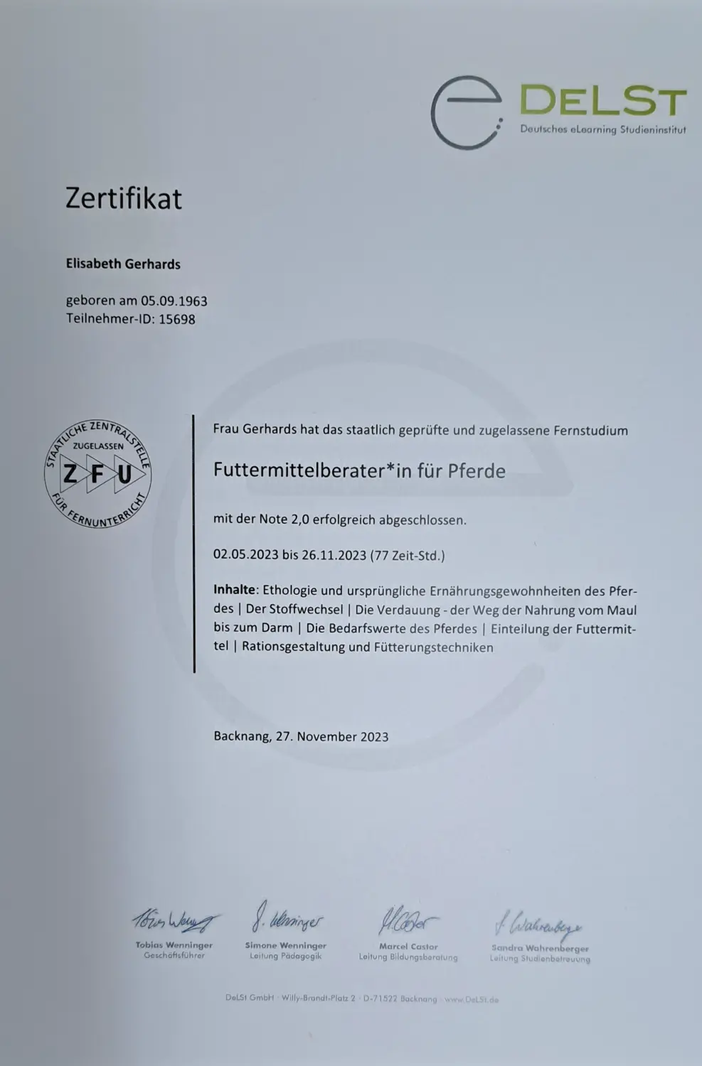 Mobile Tierarztpraxis - Elisabeth Gerhards Zertifikat
